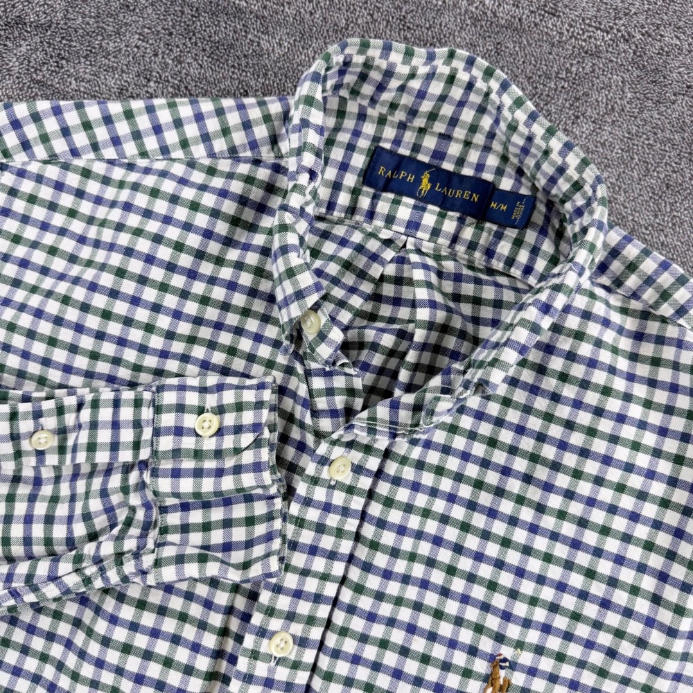 Ralph Lauren Mens M Gingham Button Down Shirt Green Blue Check Cotton